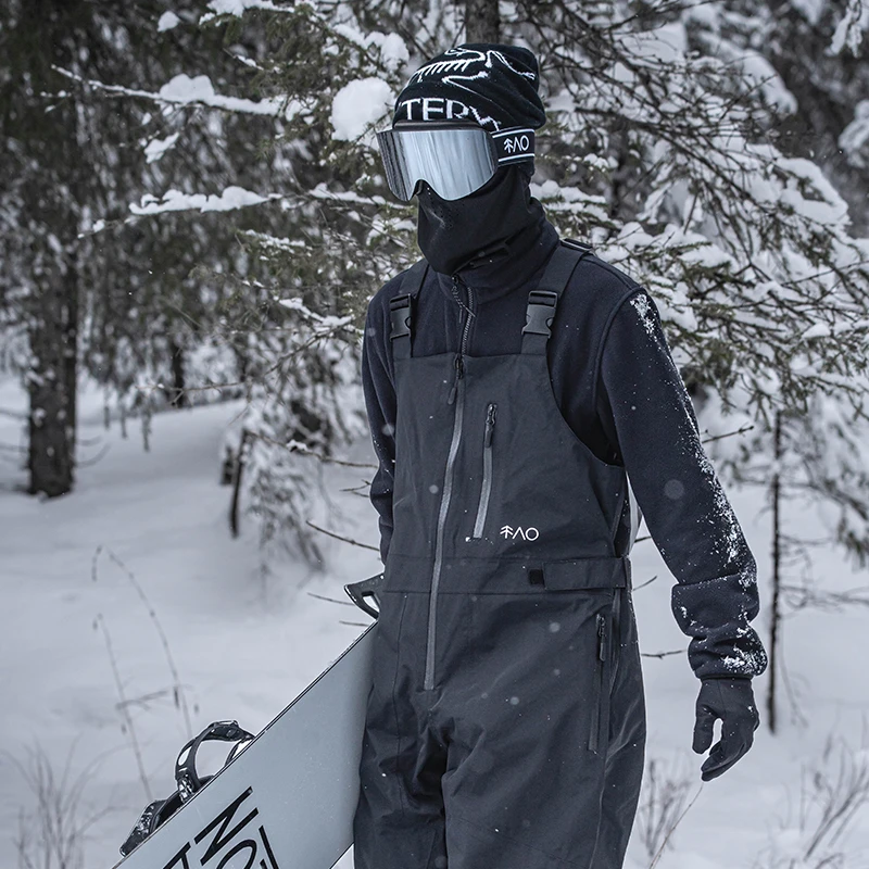 雪否全压胶黑色单板背带裤3L防水加绒透气滑雪如厕系统背带裤男士