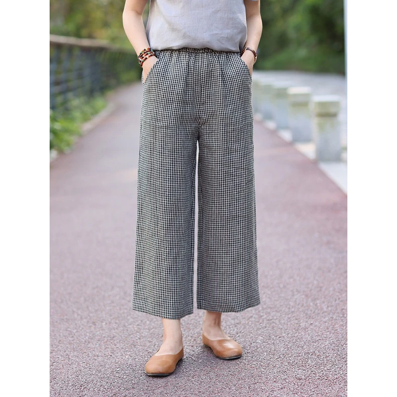 2024夏季新款棉麻格子文艺宽松九分阔腿裤女亚麻显瘦休闲直筒裤子