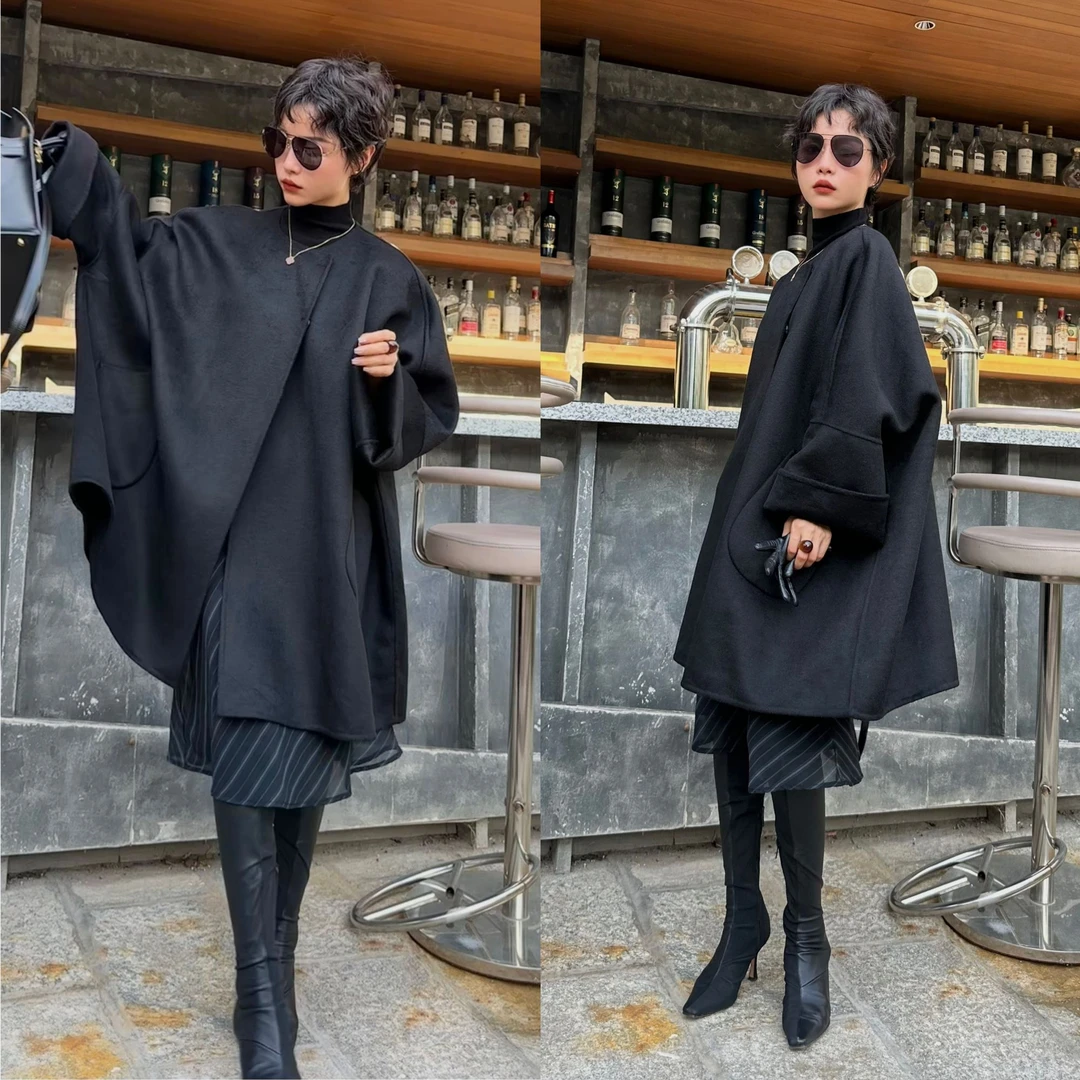 女王气场黑色斗篷气质中长款毛呢外套2024秋季黑色遮肚子澳毛大衣