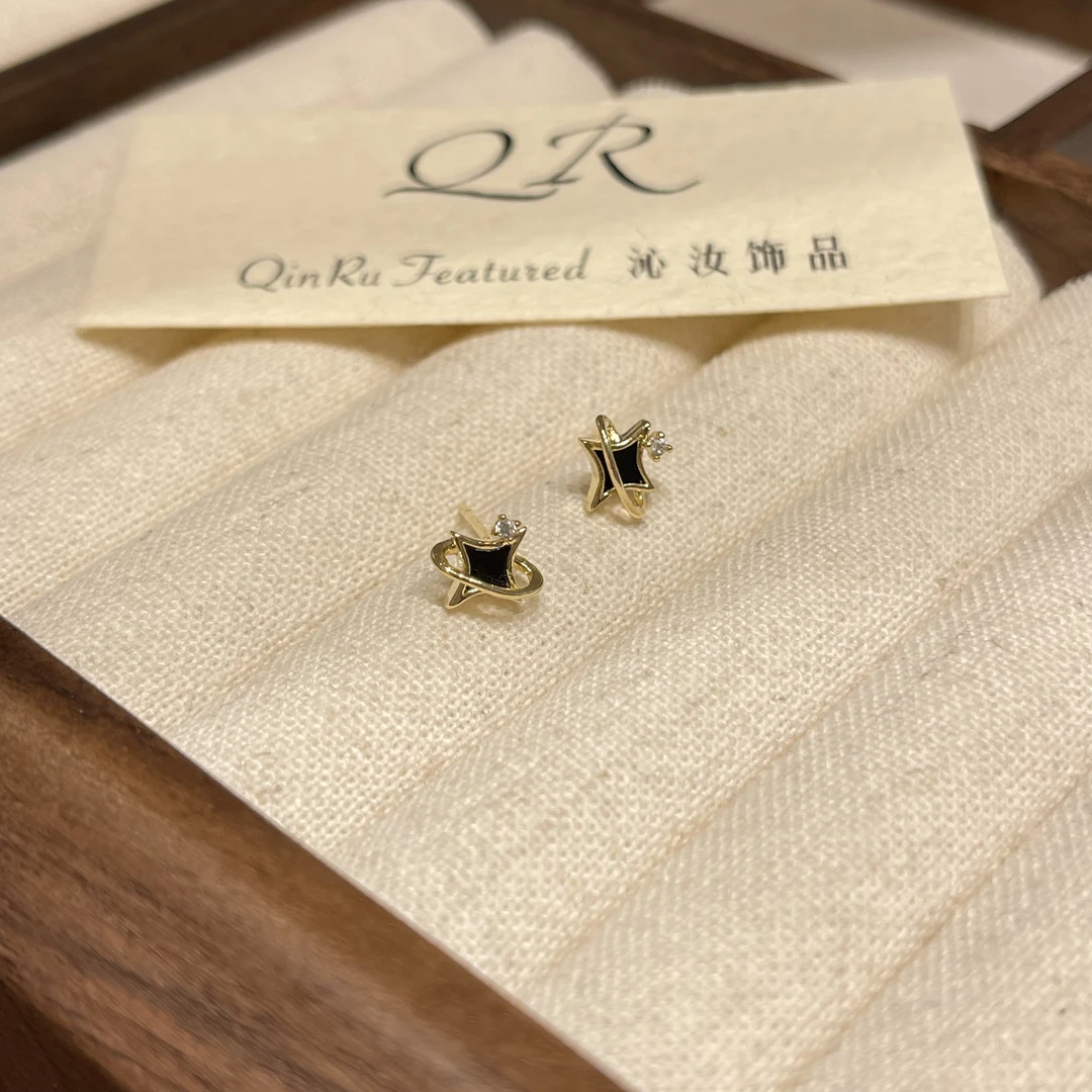 925银针耳饰 P101黑色星芒耳钉一对小众轻奢百搭气质