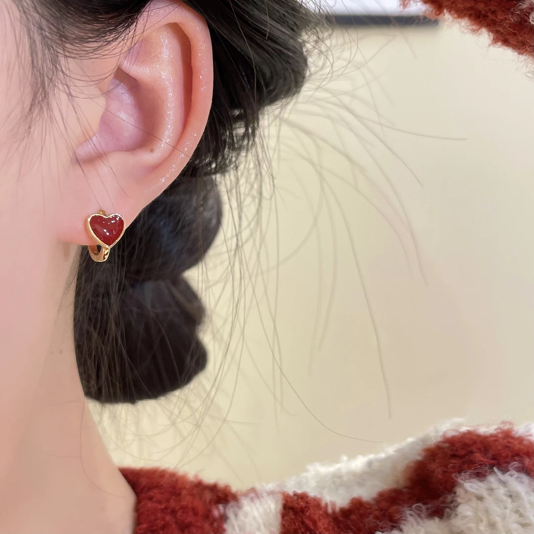 925银针耳饰 D615红色爱心耳扣小众轻奢气质