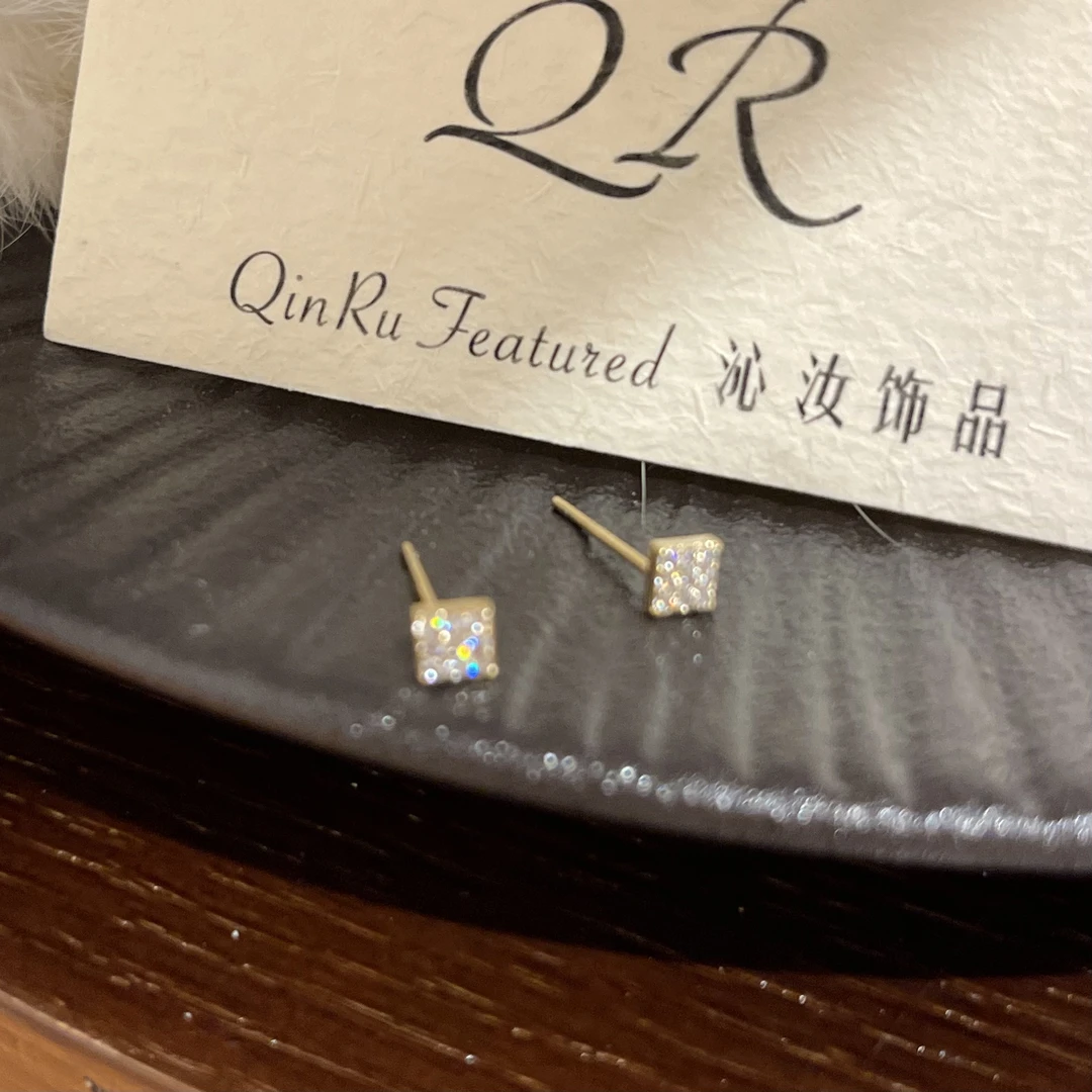 925银针耳饰 P145方形锆石耳钉轻奢高级气质小众