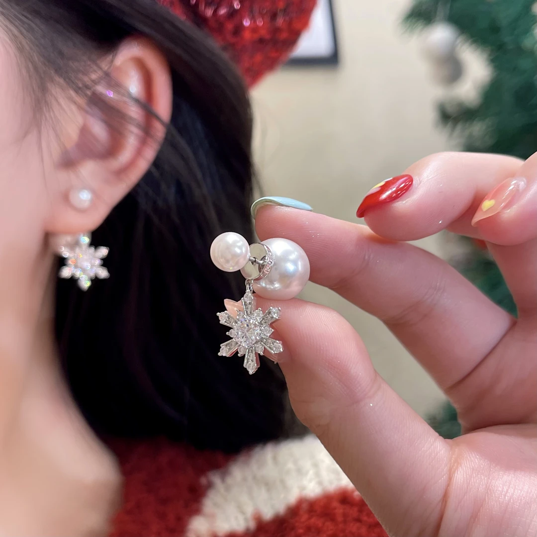 925银针耳饰 D539新款雪花珠珠简约耳钉小众百搭气质