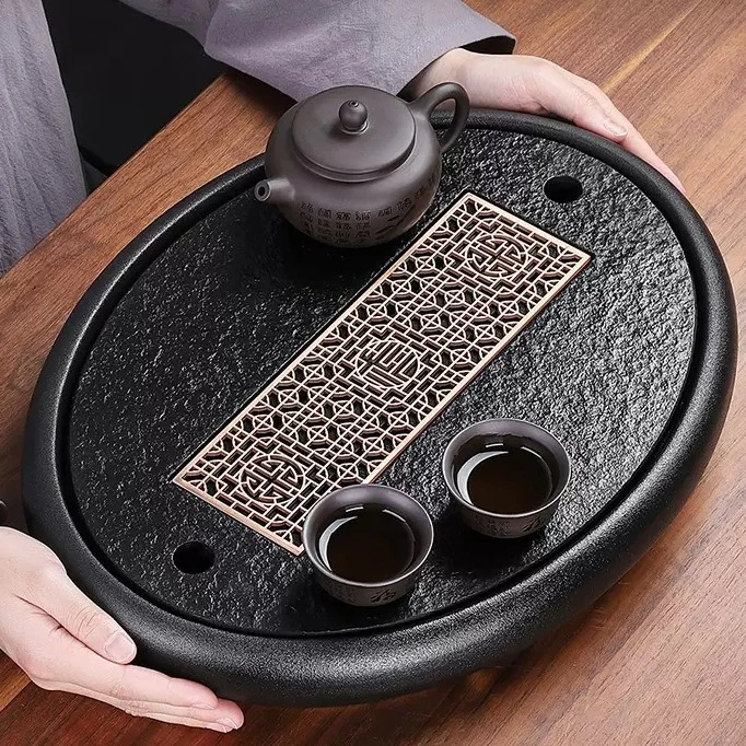 乌金石茶盘家用现代简约陶瓷椭圆形干泡茶台储水沥水托盘小型茶海