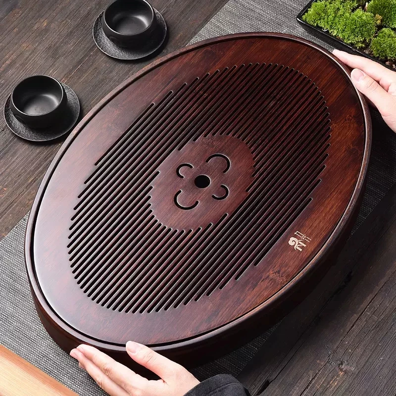 四叶草家用胡桃色储水式茶盘椭圆形茶托盘简约家居百搭茶台盛水盘