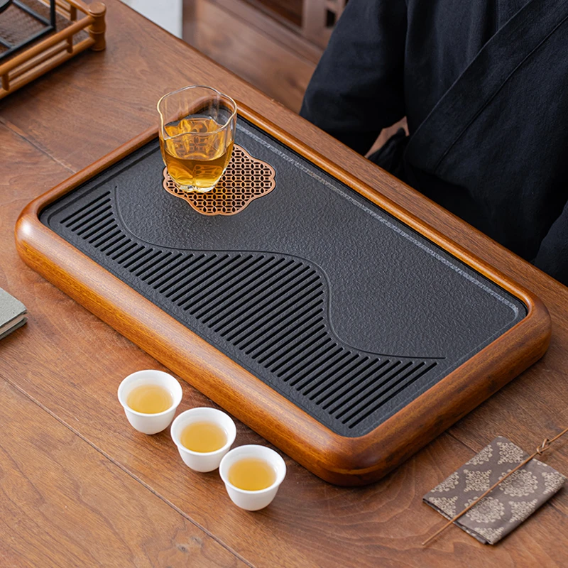 乌金瓷石茶盘家用茶具茶台储水排水式干泡台石头轻奢现代托盘实木
