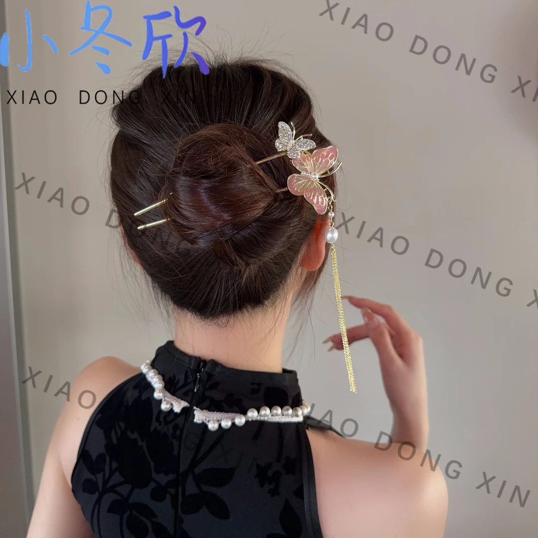 FZ33两只蝴蝶流苏珠珠国风新中式发簪优雅步摇发簪子扭扭