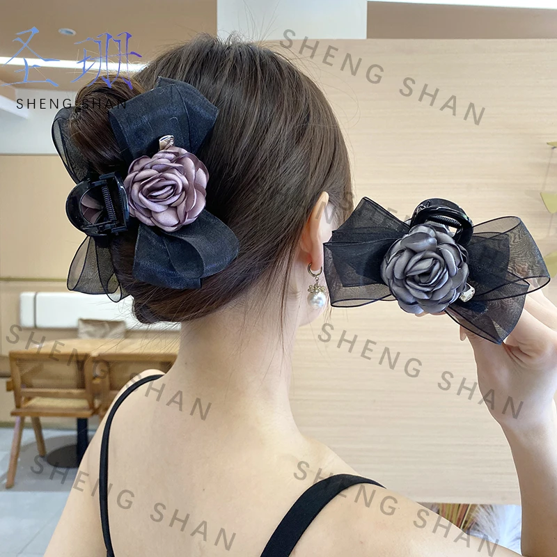 B259复古小香风发夹山茶花黑色简约蝴蝶结抓夹发饰头饰韩版