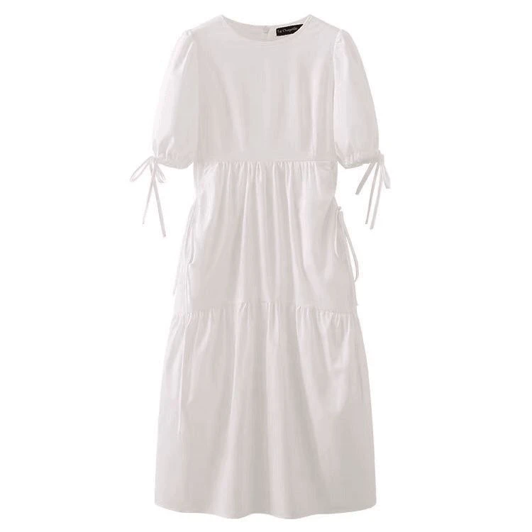 可可里家小姐姐/赫本风圆领抽皱连衣裙短袖气质长裙设计感a字裙夏