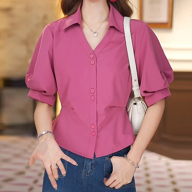 【秀珠】港风复古纯色小众短袖衬衫女宽松显瘦上衣