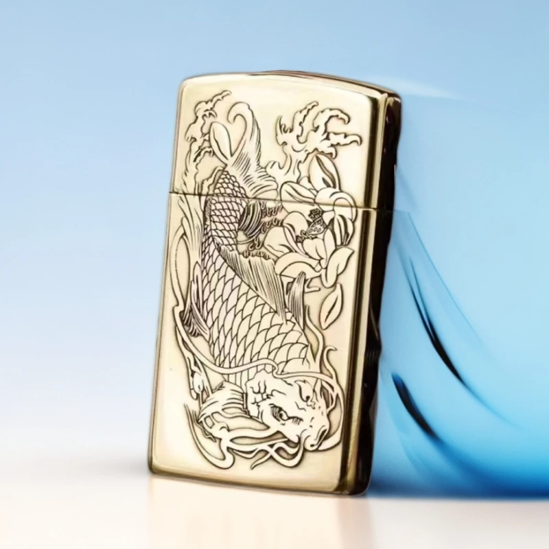ZIPPO打火机DIY1605雕刻纤巧荷花鲤鱼窄机男士送礼防风收藏纤巧机