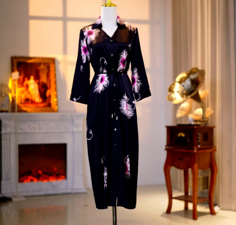 桑蚕丝高定时尚气质减龄优雅黑色连衣裙长款250073