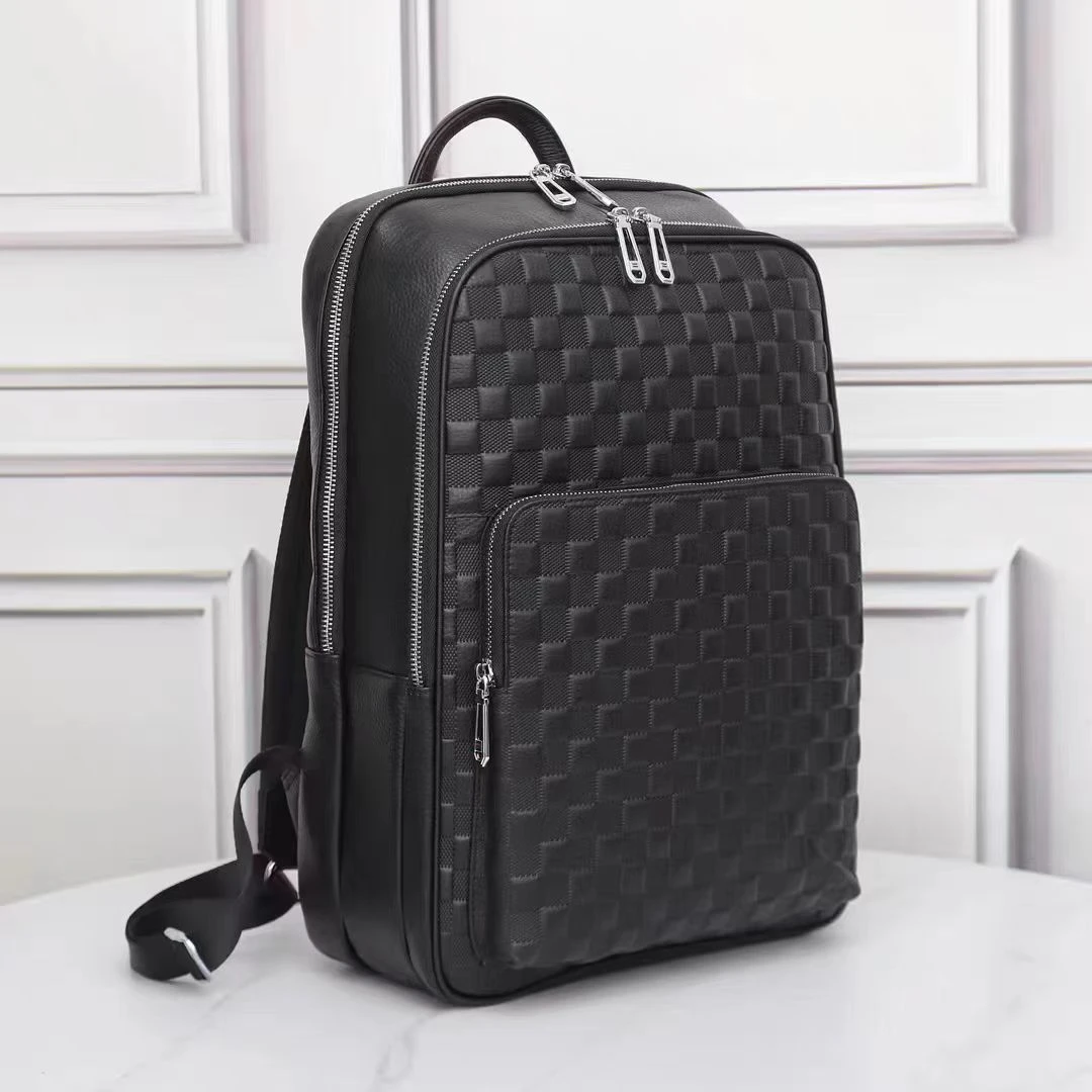 男士时尚旅行双肩黑色真皮背包30×42×12CM