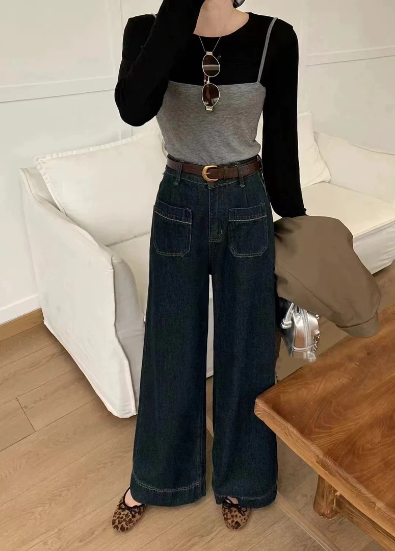 5772高腰牛仔阔腿裤