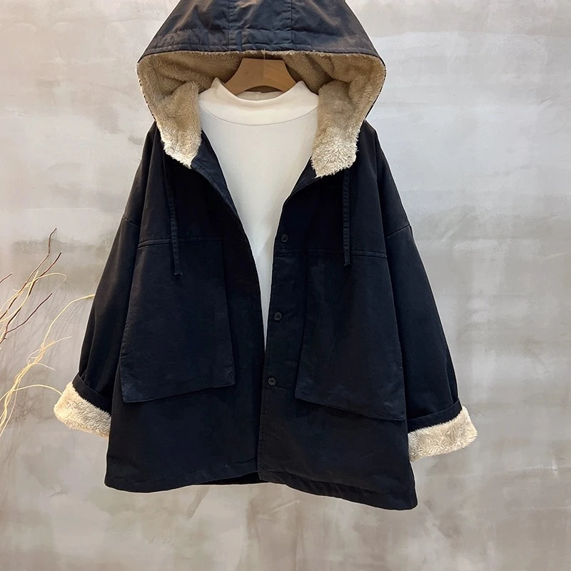 工装棉服女2025新款长毛绒冬季大码加绒宽松ins港风加厚棉衣外套