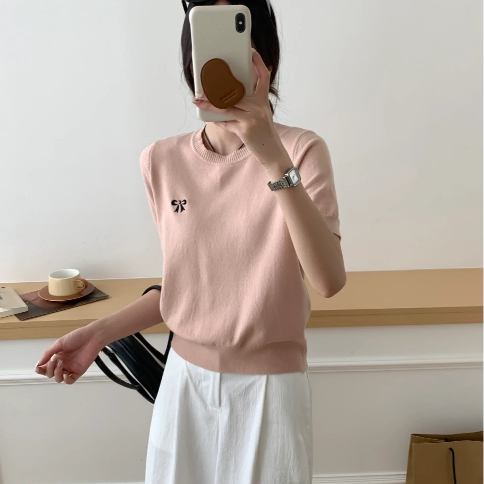 百搭春季圆领春夏毛衣刺绣时尚显瘦软糯针织短袖打底薄款上衣2025