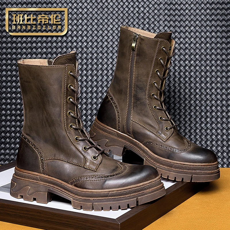 班比帝伦头层牛皮马丁靴男高帮真皮工装厚底机车靴磨砂皮英伦复古