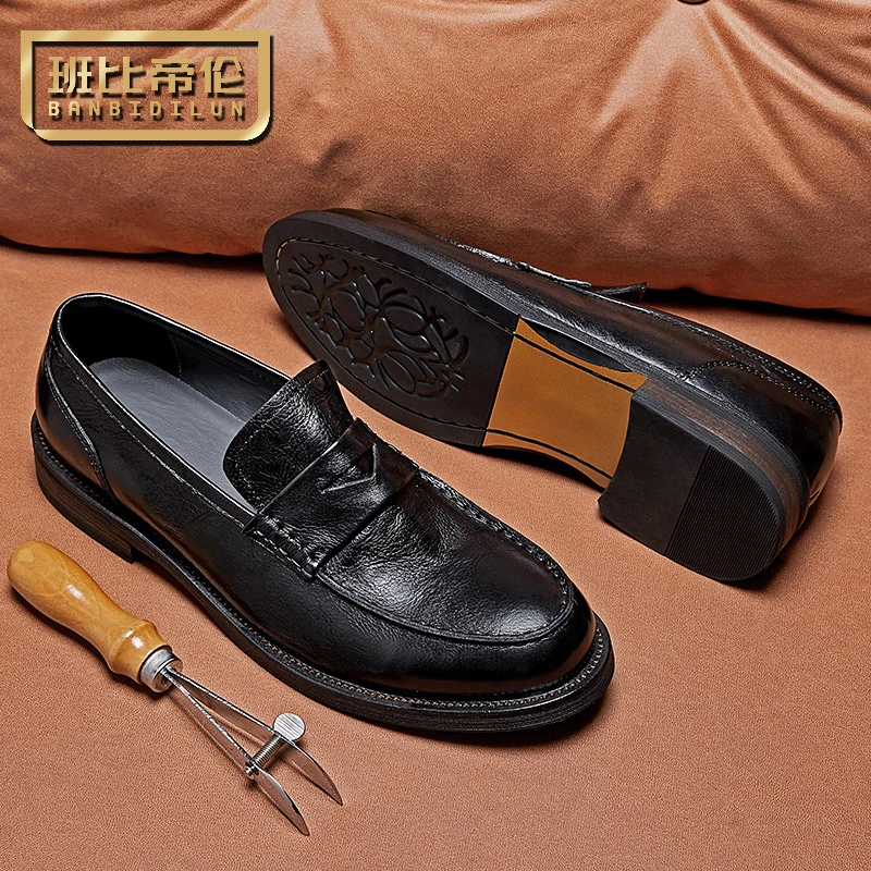 班比帝伦复古男鞋休闲软皮一脚蹬皮鞋潮流乐福鞋英伦风手工皮鞋男