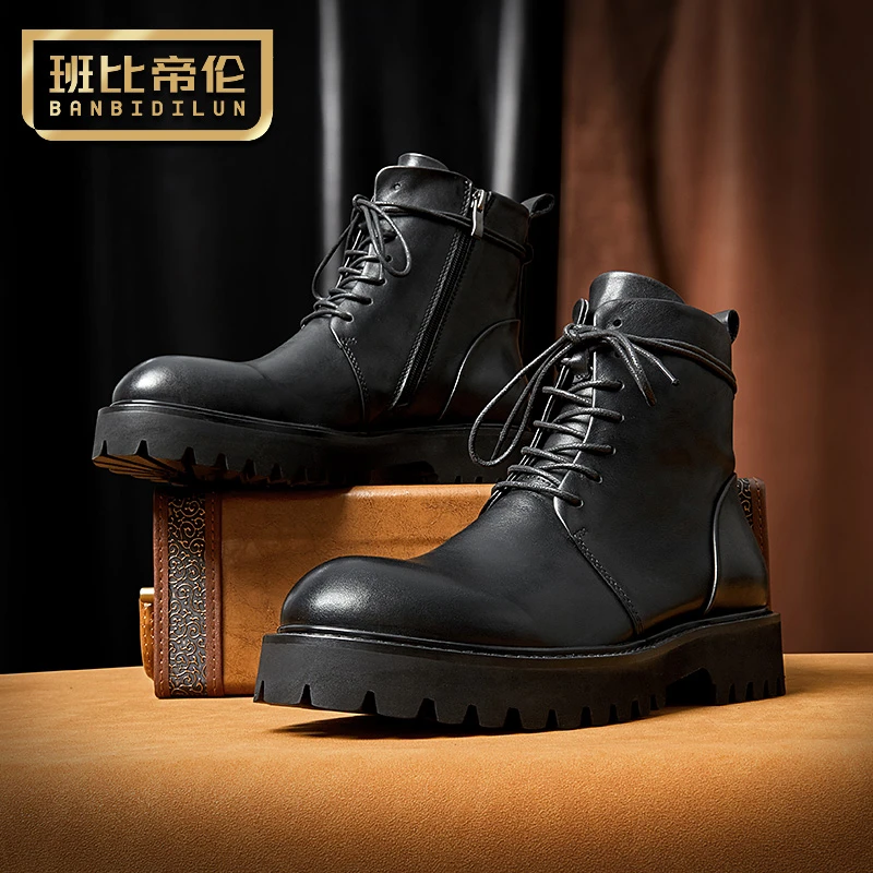 班比帝伦男士百搭厚底增高男鞋工装靴轻底真皮中帮男款皮靴马丁靴