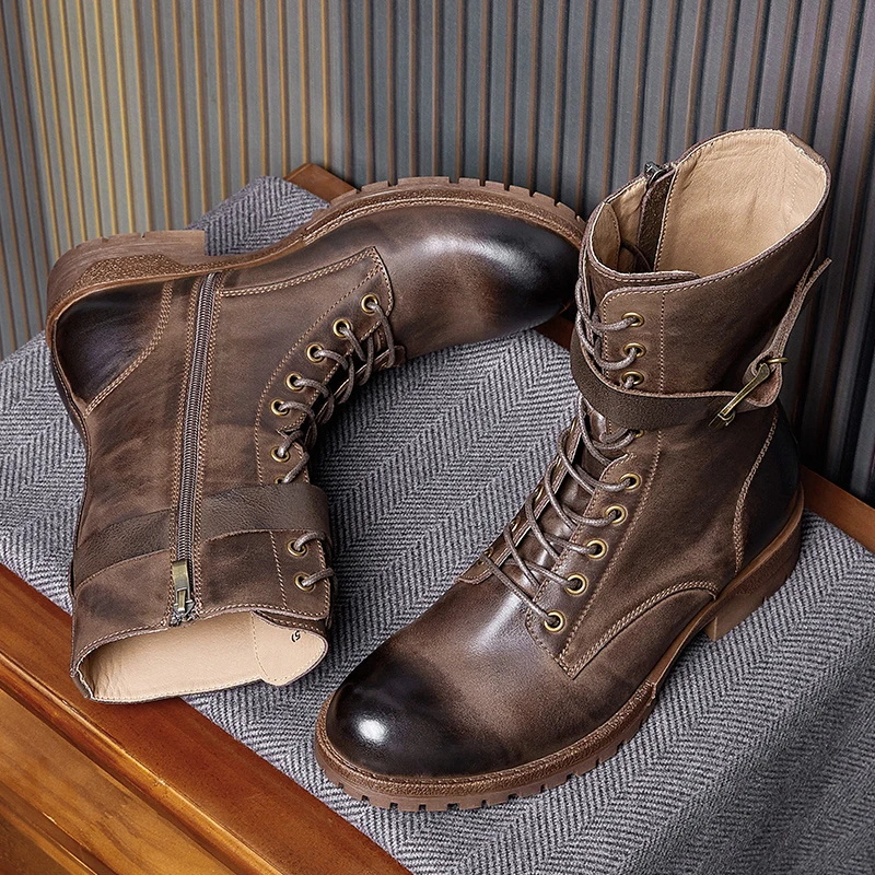 W850-14男靴皮鞋男款秋冬季高帮英伦风百搭真皮男士皮靴高端