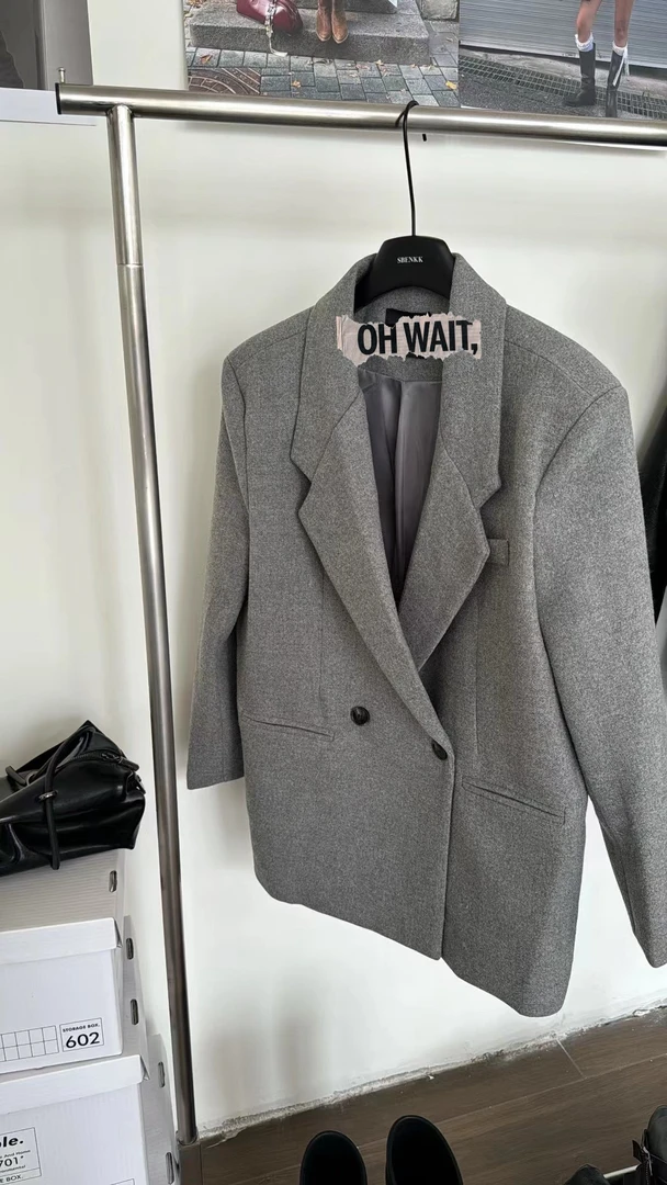 （应拉）羊毛西装外套女秋冬高级感 经典灰色呢料大衣