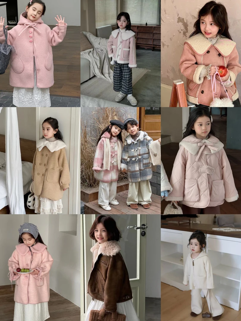 七禧童装2024年秋冬单品粉色可爱氛围感毛呢皮毛一体连帽羽外套