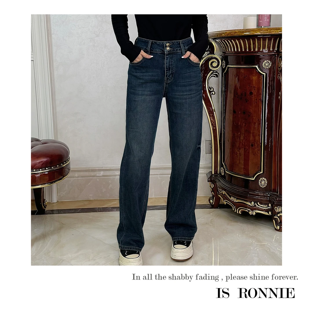 Is Ronnie 【复古丹宁】蓝色牛仔直筒裤子时尚高腰显瘦牛仔裤GC0002