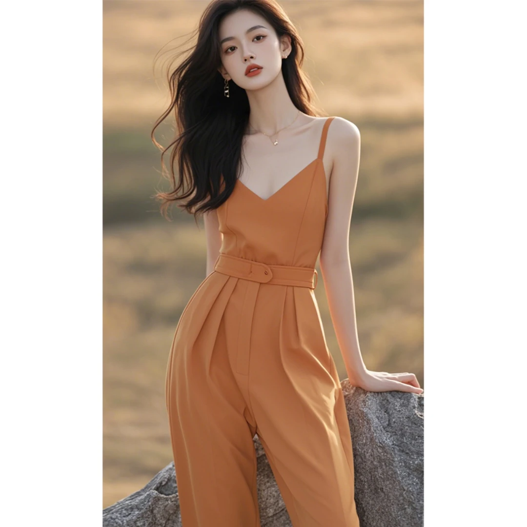 橘色吊带连体裤2024新款夏装高端气质女神范小个子御姐风职业套装
