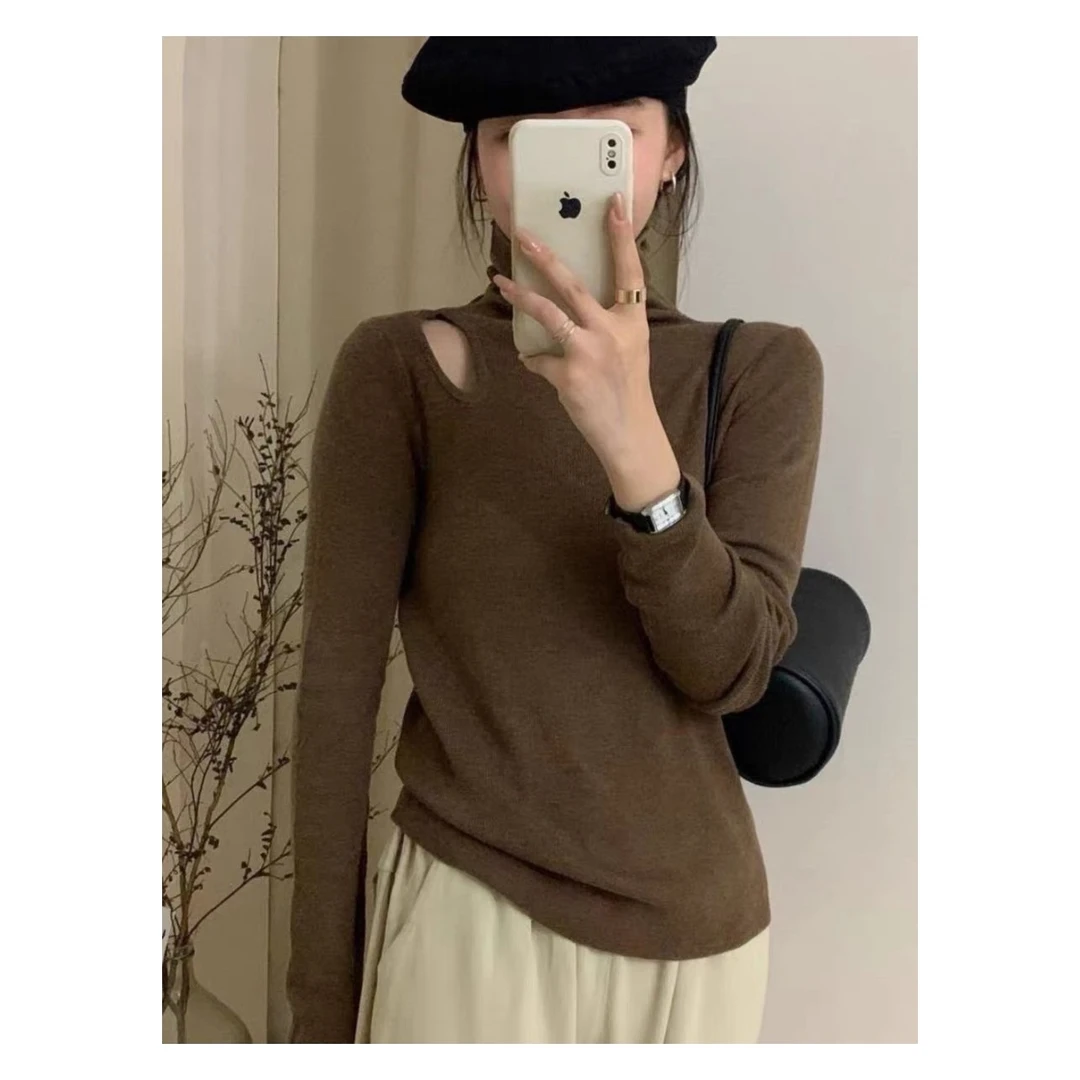 镂空打底衫女秋冬高级感秋冬新款设计感小众高领毛衣上衣-00898