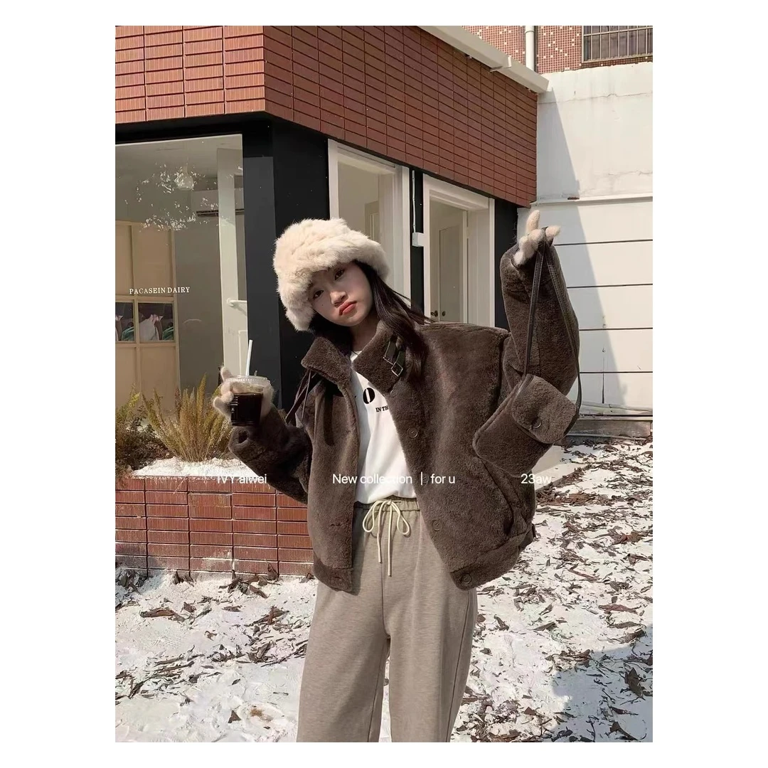 立领仿羔羔毛外套女秋冬季新款皮毛一体加厚毛绒绒夹克上衣-23958