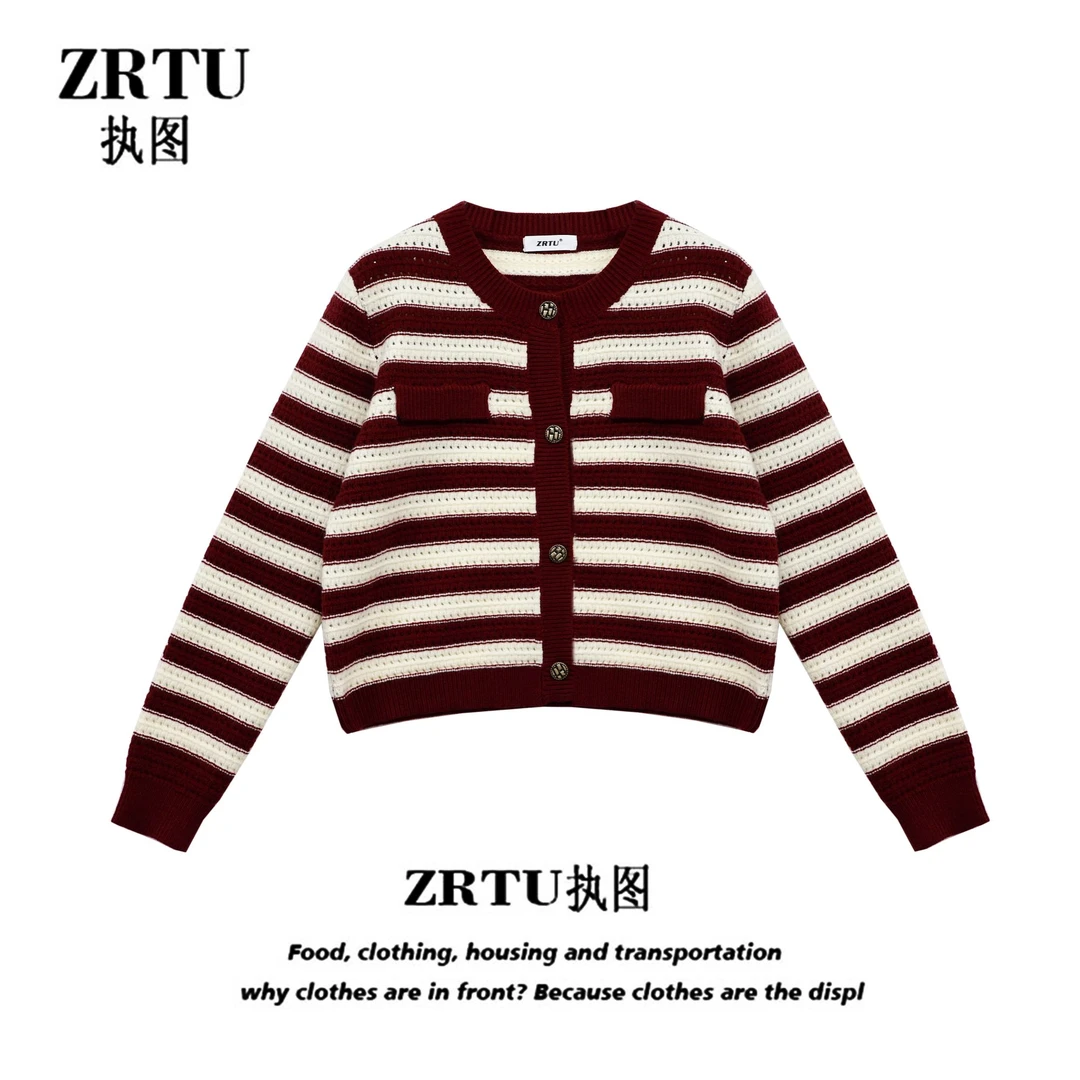 ZRTU执图【自播】2024新款条纹纽扣长袖针织衫女小香风毛衣短外套