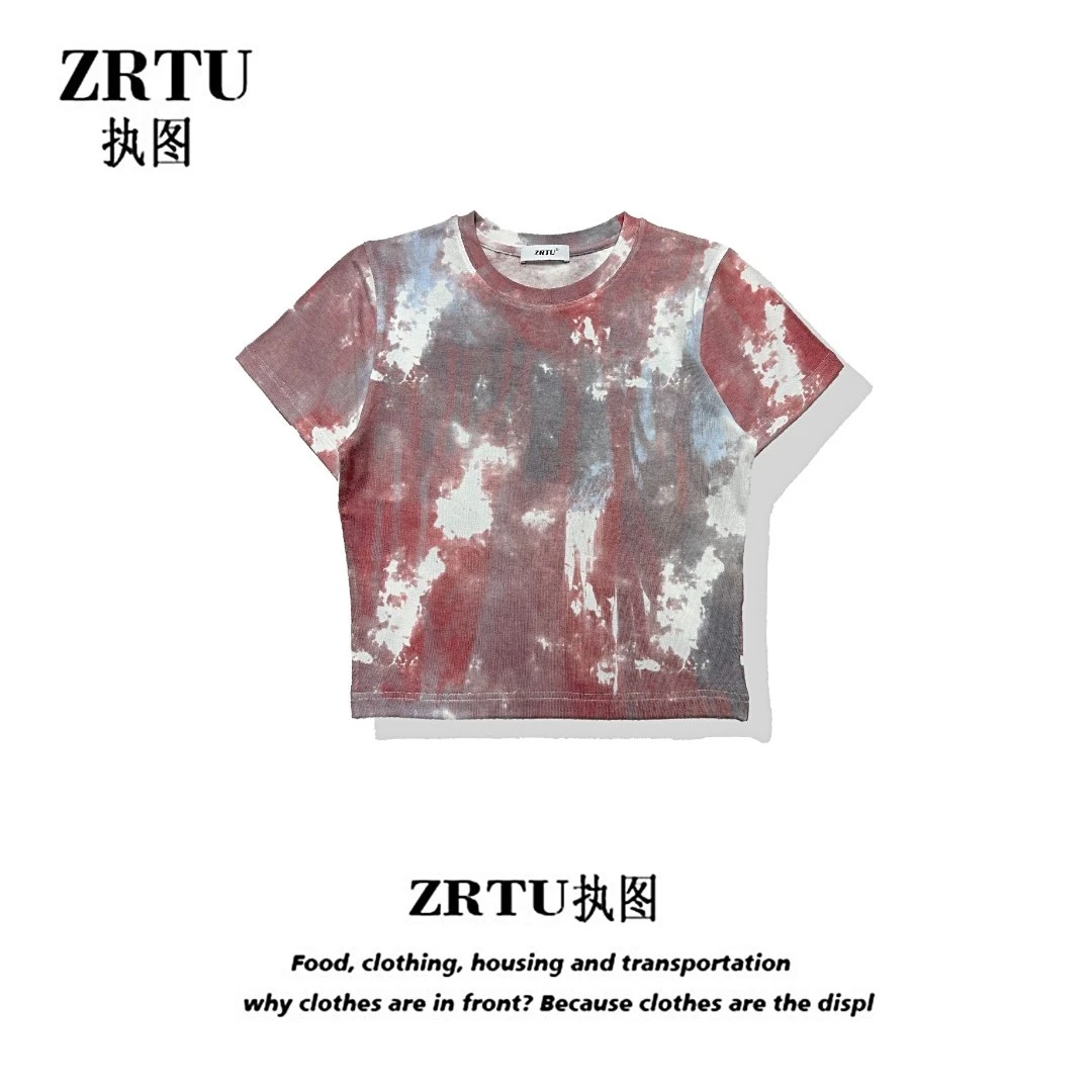 ZRTU/执图（自播）2024新款扎染T恤女短袖短款夏季修身显瘦上衣