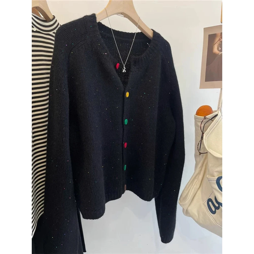 「马卡龙纽扣」加厚~亮片单排扣上衣针织衫外套女