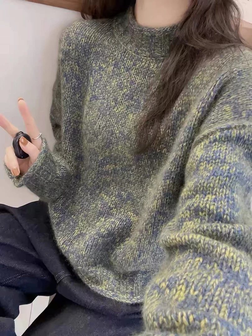 「杂花绿」复古风杂线绿~半高领慵懒风内搭针织打底衫毛衣女厚