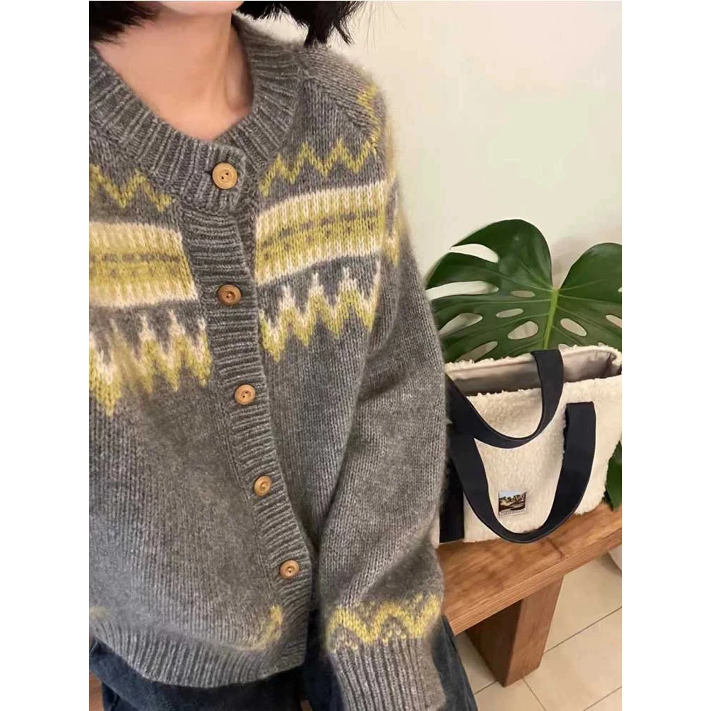 「柠檬色费尔岛」秋装软糯气质加厚黄条纹针织开衫 8005