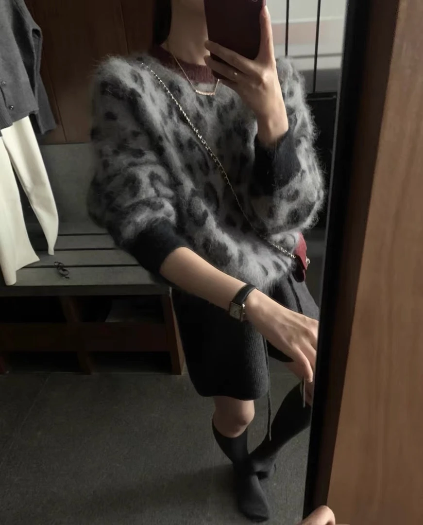 「灰色豹纹套头」百搭显瘦渐变套头针织衫女毛衣加厚
