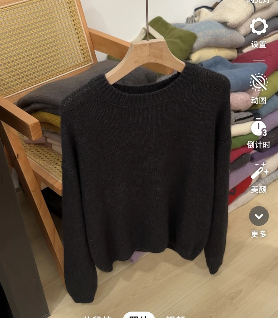 「碳黑色套头」纯色显白显瘦韩版时尚复古圆领百搭套头衫