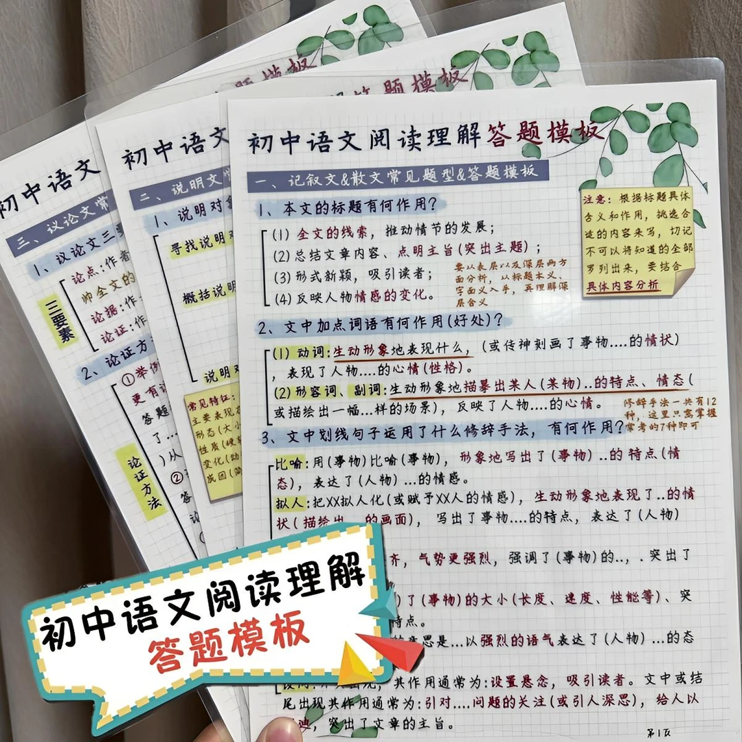 初中语文阅读理解答题模版卡片初中生大全训练儿童益智闪卡