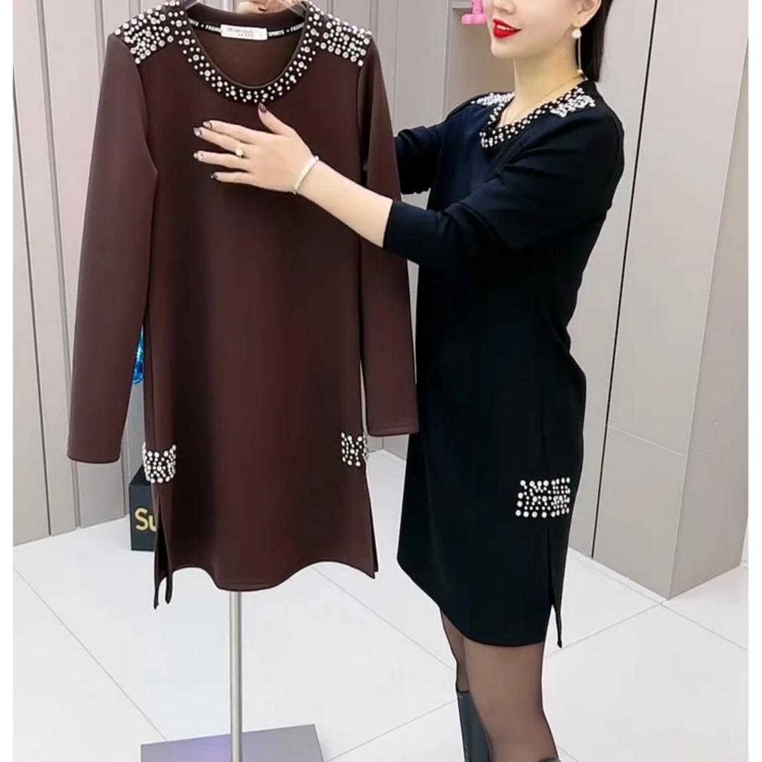 秋冬季新款重工工艺钉珠开叉连衣裙