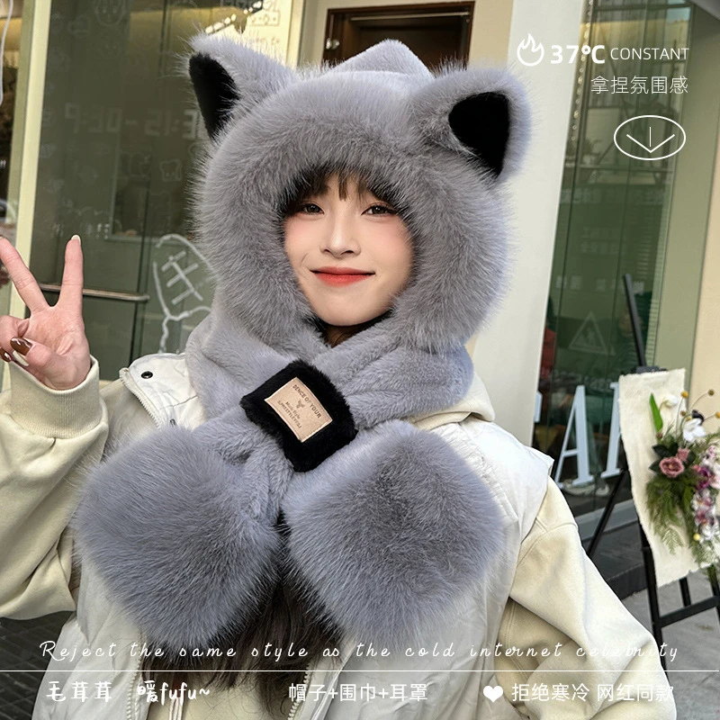 新款可爱毛绒帽子围巾一体女秋冬季百搭加厚保暖防寒护耳连帽围脖