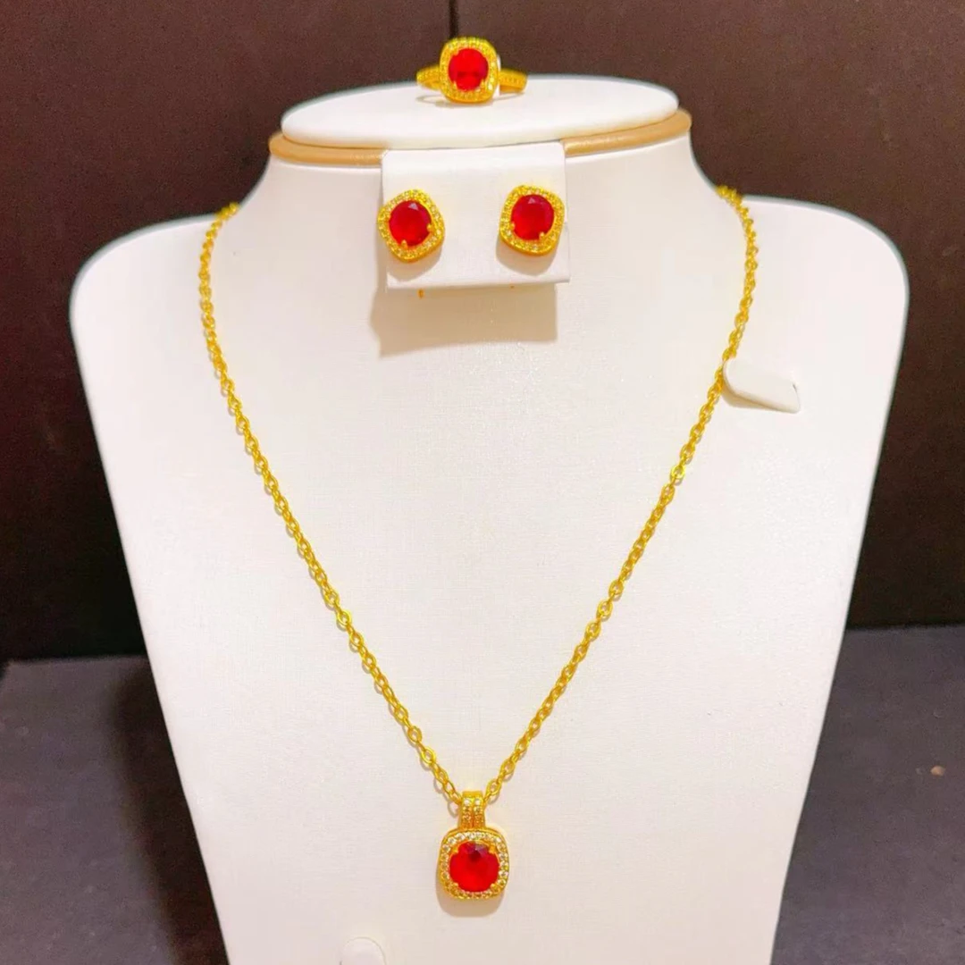 铜合金合成锆石吊坠 铜合金 新款红小方糖耳环项链戒指 气质nipal