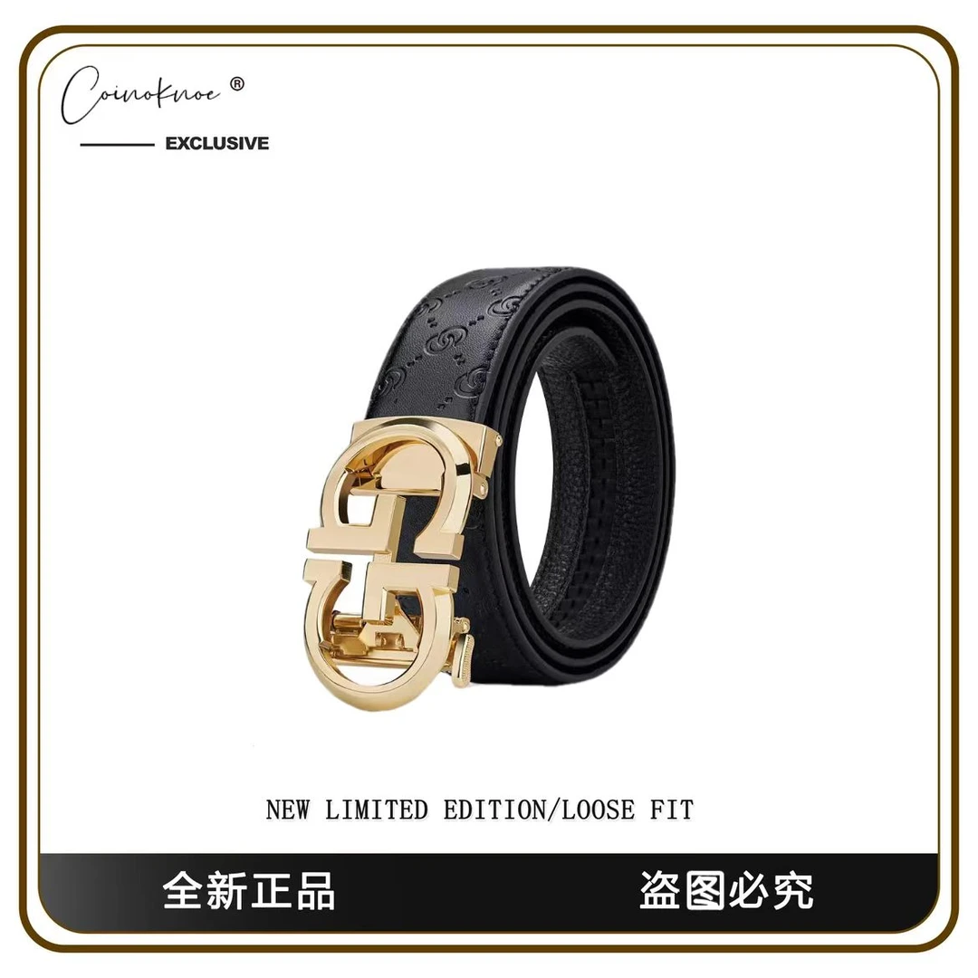 【万象撤柜】合金材质金色双G二层牛皮腰带外穿自动潮流牛黑色百搭