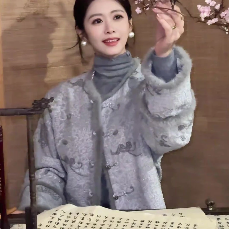 新中式国风蓝色夹棉外套2024冬新款高级感高端唐装棉服短款上衣女