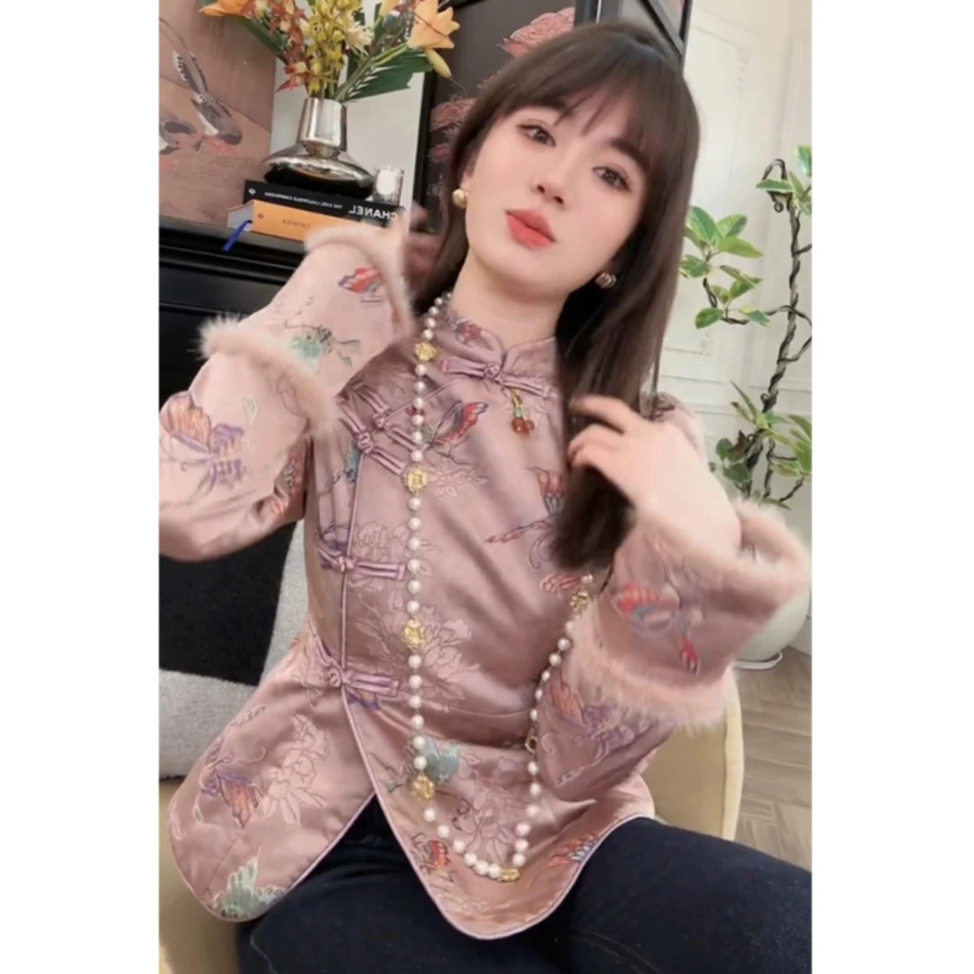 高级感小香风新中式国风改良粉色印花盘扣加绒加厚上衣衬衫女冬季