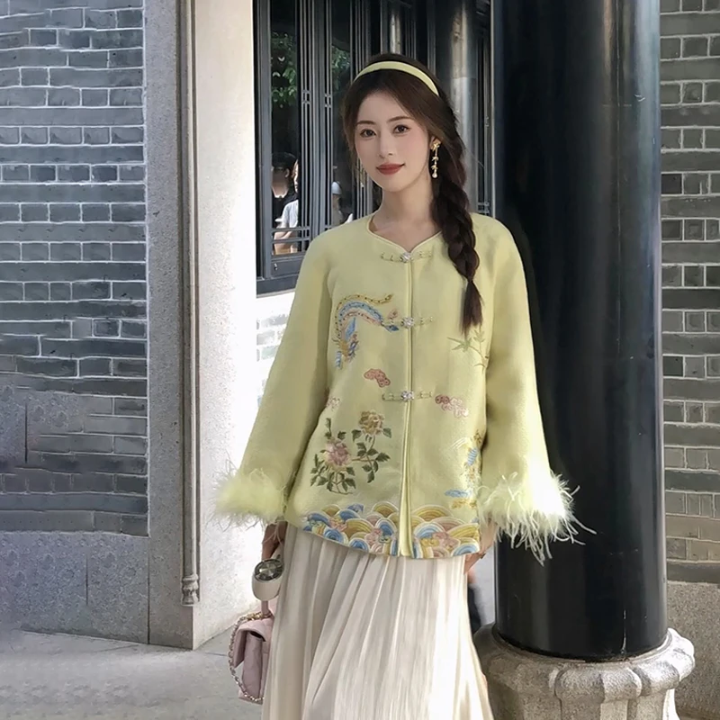 深秋穿搭高级感新中式国风黄色盘扣印花外套a字半身裙两件套装女