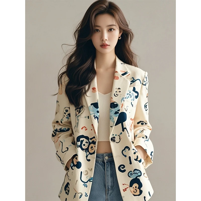 米白色韩版高级感西装外套2025秋小个子气质休闲宽松复古印花秋冬