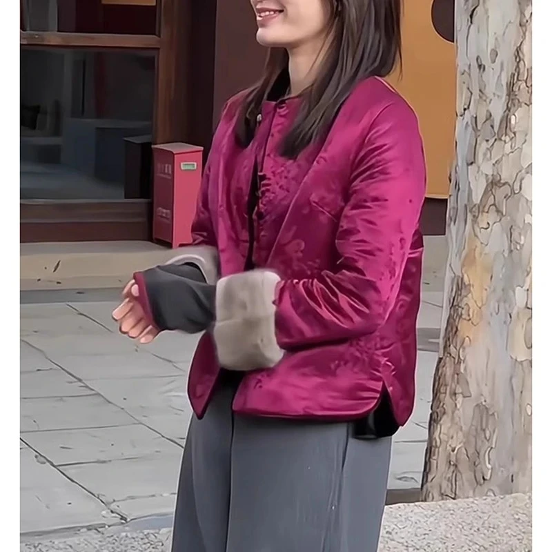 新中式国风女装盘扣上衣2024秋冬新款高级感复古夹棉紫色毛袖外套