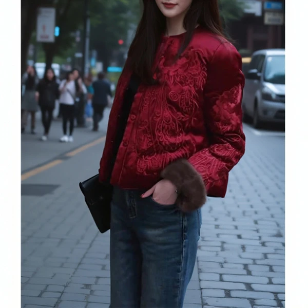 新中式女装国风红色圣诞新年刺绣复古加厚拼接外套女冬季2024新款