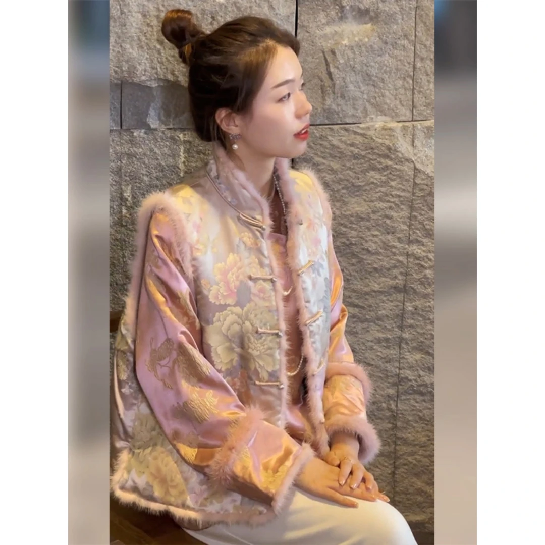新中式唐装禅意风高级感独特粉色提花立领盘扣马甲上衣两件套装女