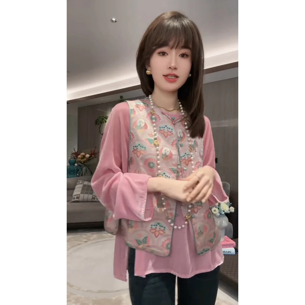 新中式女装粉色国风提花时尚马甲小个子今年流行爆款欧货洋气百搭